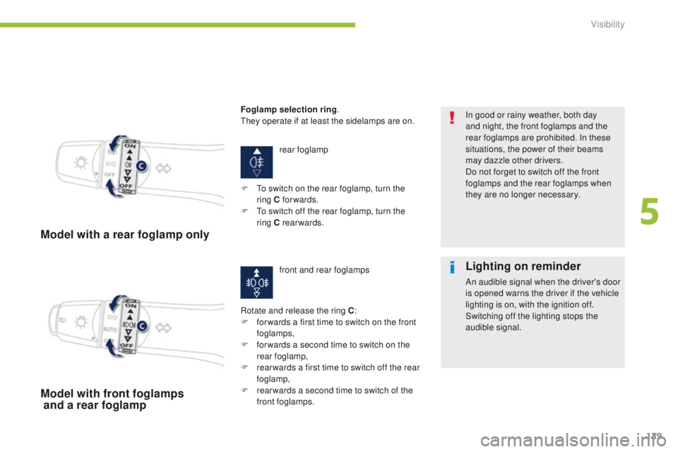PEUGEOT 4008 2015  Owners Manual 129
4008_en_Chap05_visibilite_ed01-2014
Model with a rear foglamp only
rear foglamp
Rotate and release the ring C :
F
 
f

or wards a first time to switch on the front 
foglamps,
F
 
f

or wards a sec