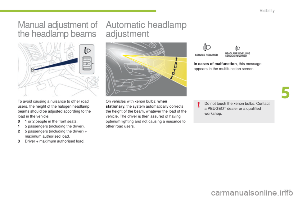 PEUGEOT 4008 2015  Owners Manual 133
4008_en_Chap05_visibilite_ed01-2014
to avoid causing a nuisance to other road 
users, the height of the halogen headlamp 
beams should be adjusted according to the 
load in the vehicle.
0 
1 o
 r 