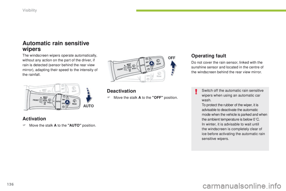 PEUGEOT 4008 2015  Owners Manual 136
4008_en_Chap05_visibilite_ed01-2014
Automatic rain sensitive 
wipers
Operating fault
Do not cover the rain sensor, linked with the 
sunshine sensor and located in the centre of 
the windscreen beh