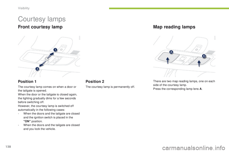 PEUGEOT 4008 2015  Owners Manual 138
4008_en_Chap05_visibilite_ed01-2014
Courtesy lamps
Front courtesy lamp
Position 1
the courtesy lamp comes on when a door or 
the tailgate is opened.
When the door or the tailgate is closed again, 