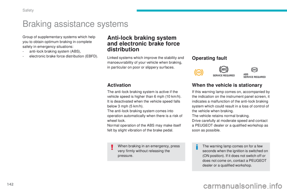 PEUGEOT 4008 2015  Owners Manual 142
4008_en_Chap06_securite_ed01-2014
group of supplementary systems which help 
you to obtain optimum braking in complete 
safety in emergency situations:
- 
a
 nti-lock braking system (ABS),
-
 
e
 