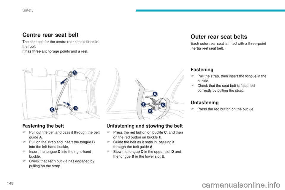 PEUGEOT 4008 2015  Owners Manual 148
4008_en_Chap06_securite_ed01-2014
Centre rear seat belt
the seat belt for the centre rear seat is fitted in 
the roof.
It has three anchorage points and a reel.
Fastening the belt
F Pull out the b