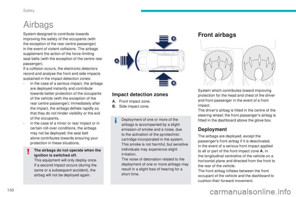 PEUGEOT 4008 2015  Owners Manual 150
4008_en_Chap06_securite_ed01-2014
Airbags
System designed to contribute towards 
improving the safety of the occupants (with 
the exception of the rear centre passenger) 
in the event of violent c