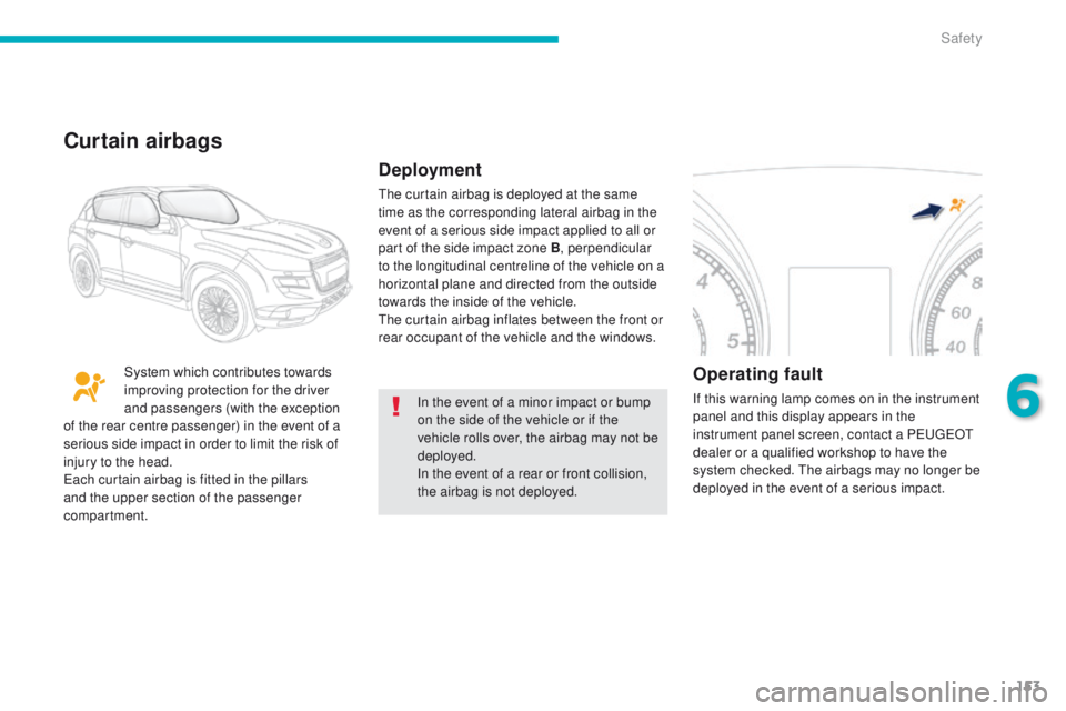 PEUGEOT 4008 2015  Owners Manual 153
4008_en_Chap06_securite_ed01-2014
In the event of a minor impact or bump 
on the side of the vehicle or if the 
vehicle rolls over, the airbag may not be 
deployed.
In the event of a rear or front