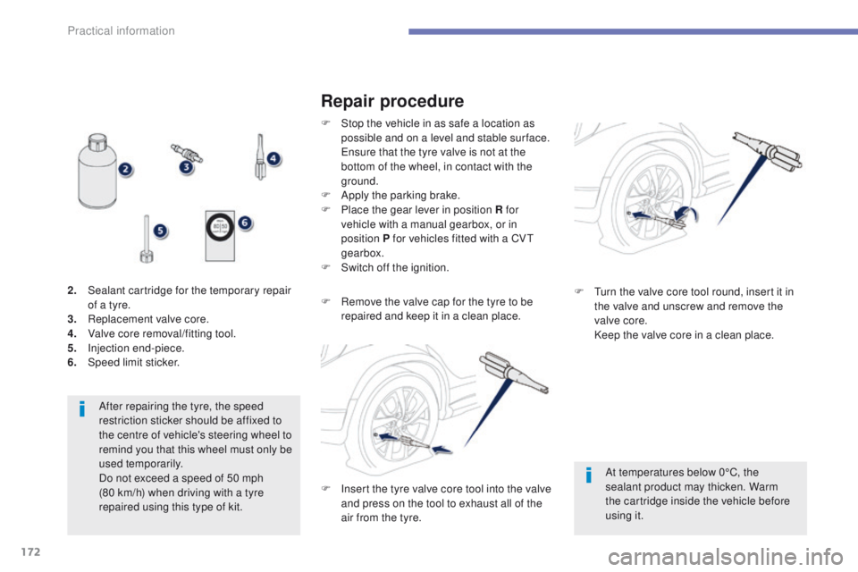 PEUGEOT 4008 2015  Owners Manual 172
4008_en_Chap07_info-pratiques_ed01-2014
After repairing the tyre, the speed 
restriction sticker should be affixed to 
the centre of vehicle's steering wheel to 
remind you that this wheel mus
