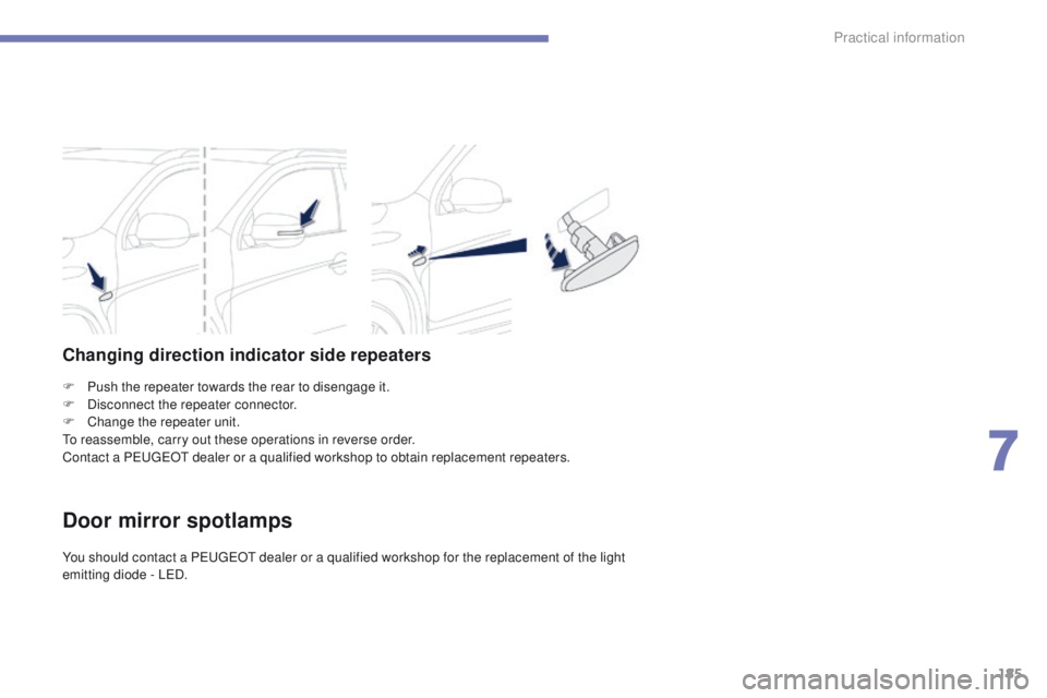 PEUGEOT 4008 2015  Owners Manual 185
4008_en_Chap07_info-pratiques_ed01-2014
F Push the repeater towards the rear to disengage it.
F D isconnect the repeater connector.
F
 
C
 hange the repeater unit.
to

 reassemble, carry out these