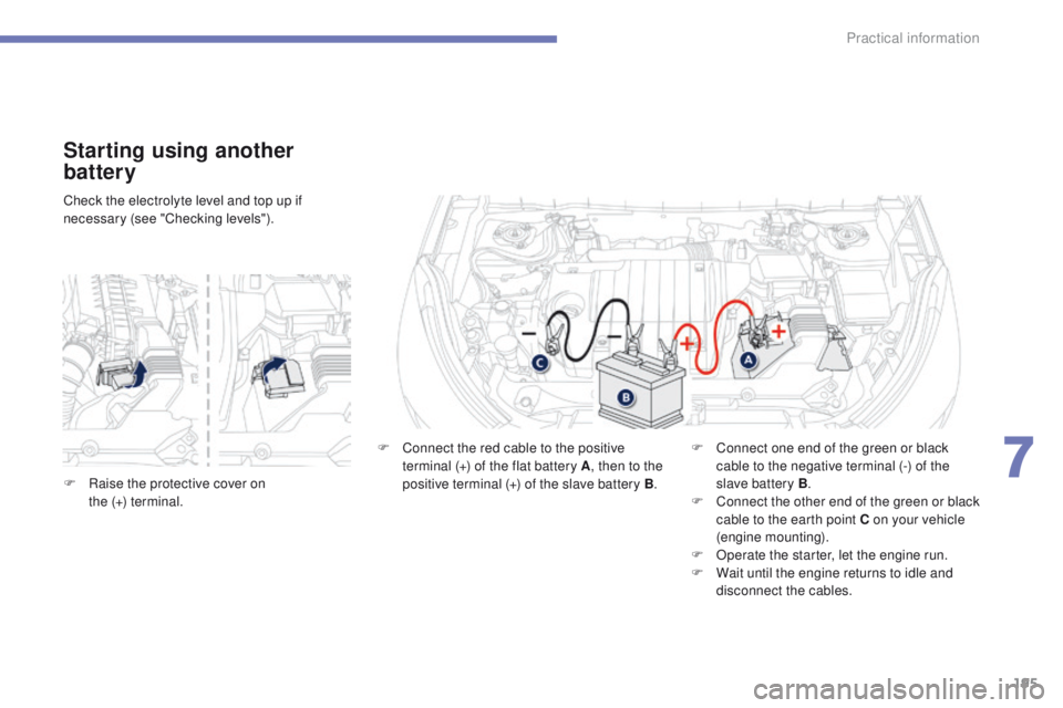 PEUGEOT 4008 2015  Owners Manual 195
4008_en_Chap07_info-pratiques_ed01-2014
Check the electrolyte level and top up if 
necessary (see "Checking levels").
Starting using another 
battery
F Connect the red cable to the positiv