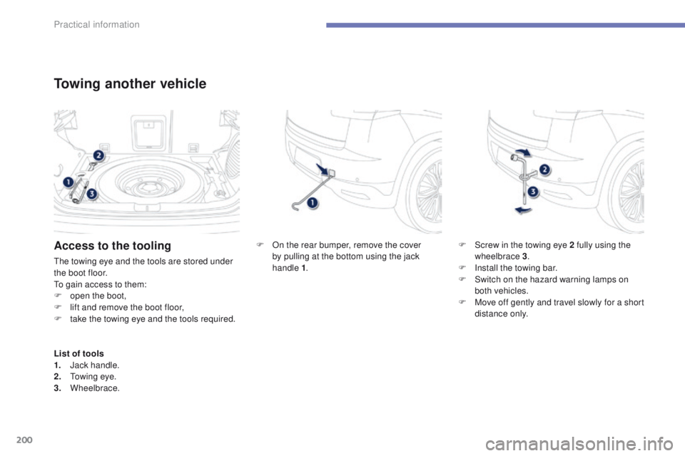 PEUGEOT 4008 2015  Owners Manual 200
4008_en_Chap07_info-pratiques_ed01-2014
Towing another vehicle
F On the rear bumper, remove the cover by pulling at the bottom using the jack 
handle
 

1. F
 S crew in the towing eye 2 fully usin
