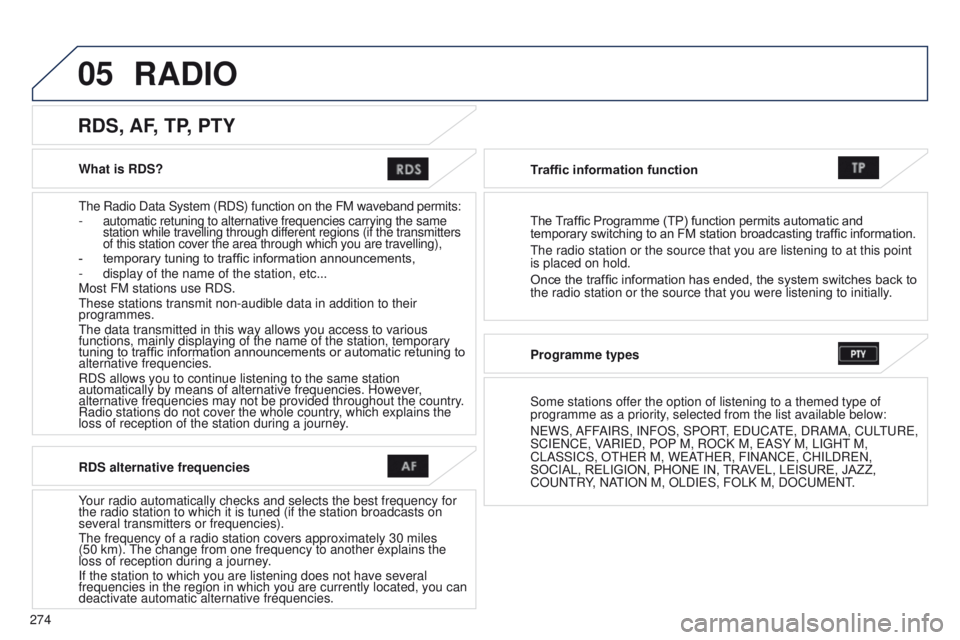 PEUGEOT 4008 2015 Owners Manual 05
274
4008_en_Chap10b_Mitsu6_ed01-2014
What is RDS?
t
he Radio Data System (RDS) function on the FM waveband permits:
-
automatic retuning to alternative frequencies carrying the same
station whi PEUGEOT 4008 2015 Owners Manual 05
274
4008_en_Chap10b_Mitsu6_ed01-2014
What is RDS?
t
he Radio Data System (RDS) function on the FM waveband permits:
-
automatic retuning to alternative frequencies carrying the same
station whi