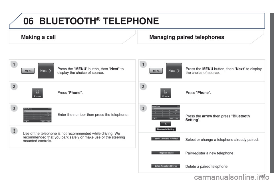 PEUGEOT 4008 2015  Owners Manual 06
309
4008_en_Chap10c_Mitsu5_ed01-2014
Making a call
BLUETOOTH® TELEPHONE
Press the "MENU" button, then "Next" to 
display the choice of source.
Press "Phone".
e
nter the num