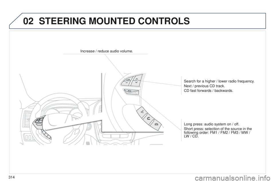 PEUGEOT 4008 2015  Owners Manual 02
314
4008_en_Chap10d_Mitsu4_ed01-2014
STEERING MOUNTED CONTROLS
Increase / reduce audio volume.Search for a higher / lower radio frequency.
Next / previous CD track.
CD fast forwards / backwards.
Lo