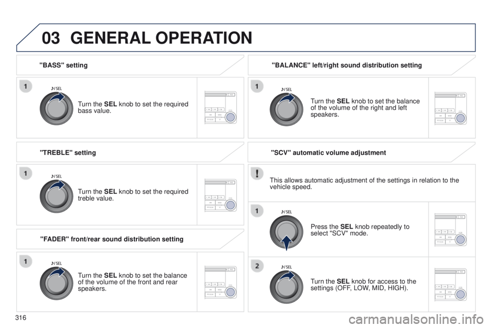 PEUGEOT 4008 2015  Owners Manual 03
316
4008_en_Chap10d_Mitsu4_ed01-2014
"BASS" setting
turn the 
SEL knob to set the required 
bass value.
GENERAL  OPERATION
turn the SEL knob to set the required 
treble value.
"FADER