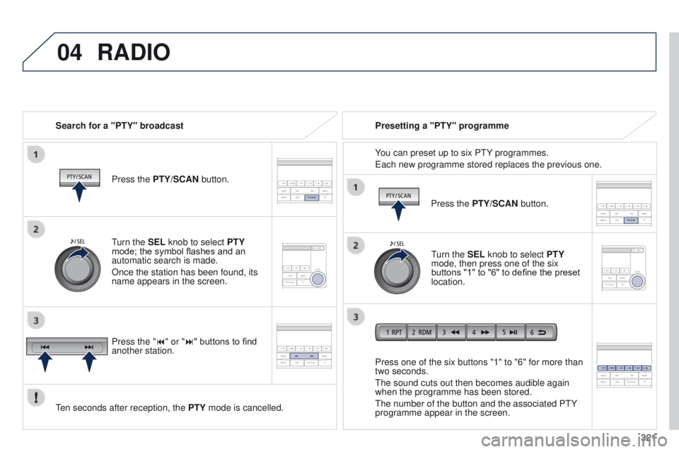 PEUGEOT 4008 2015  Owners Manual 04
 
321
4008_en_Chap10d_Mitsu4_ed01-2014
RADIO
Search for a "PTY" broadcastPress the PTY/SCAN button.
ten seconds after reception, the  PTY

 mode is cancelled. Press one of the six buttons &