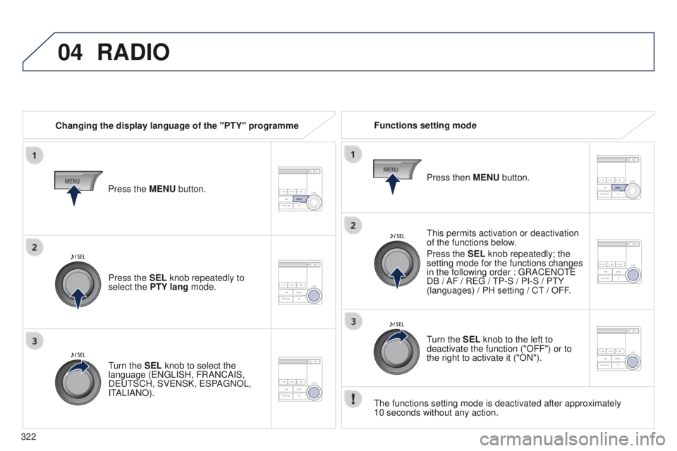 PEUGEOT 4008 2015  Owners Manual 04
322
4008_en_Chap10d_Mitsu4_ed01-2014
RADIO
Changing the display language of the "PTY" programmeFunctions setting mode
t

his permits activation or deactivation 
of the functions below.
Pres