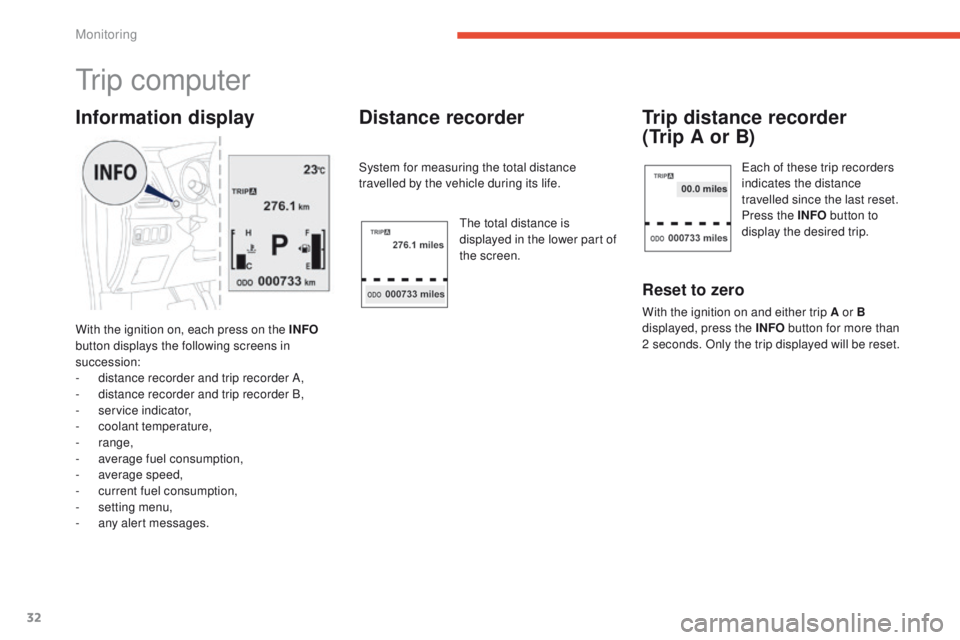 PEUGEOT 4008 2015  Owners Manual 32
tr i p  c o m p u t e r
With the ignition on, each press on the INFO 
button displays the following screens in 
succession:
-
 
d
 istance recorder and trip recorder A,
-
 
d
 istance recorder and 