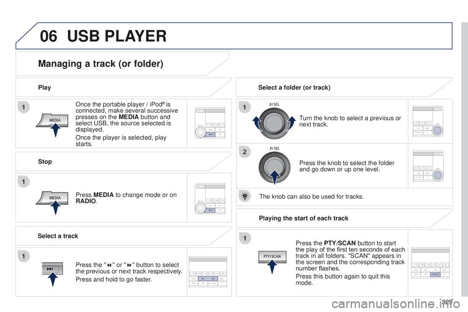 PEUGEOT 4008 2015  Owners Manual 06
329
4008_en_Chap10d_Mitsu4_ed01-2014
Once the portable player / iPod® is 
connected, make several successive 
presses on the MEDIA button and 
select 
u
SB, the source selected is 
displayed.
Once