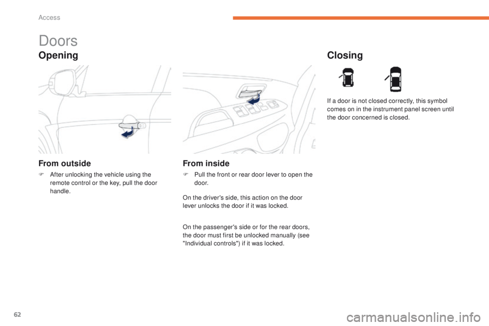 PEUGEOT 4008 2015  Owners Manual 62
4008_en_Chap02_ouvertures_ed01-2014
Opening
Doors
From outside
F After unlocking the vehicle using the remote control or the key, pull the door 
handle.
Closing
From inside
F Pull the front or rear