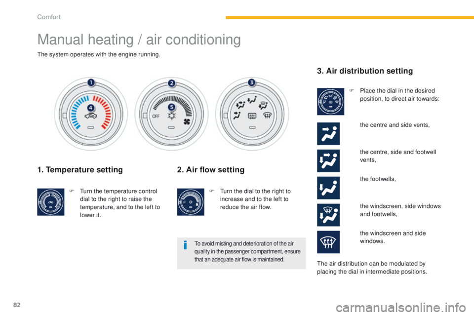 PEUGEOT 4008 2015  Owners Manual 82
4008_en_Chap03_confort_ed01-2014
Manual heating / air conditioning
the system operates with the engine running.
1. Temperature setting
F  turn the temperature control dial to the right to raise the