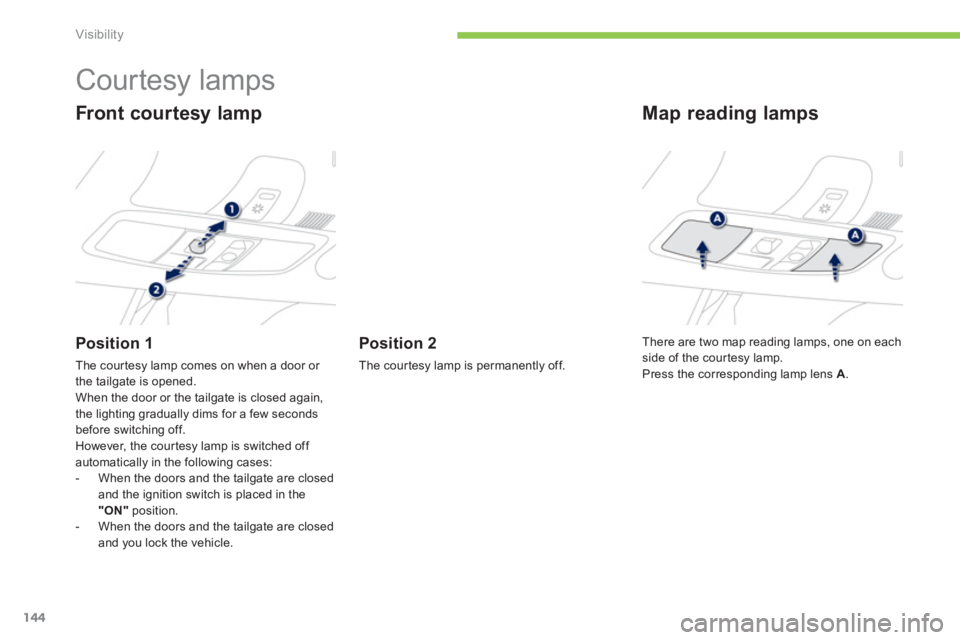 PEUGEOT 4008 2014  Owners Manual 144
Visibility
   
 
 
 
 
 
 
 
 
 
 
Courtesy lamps 
 
 
Front courtesy lamp 
 
 
Position 1 
 
The courtesy lamp comes on when a door or 
the tailgate is opened. 
  When the door or the tailgate is