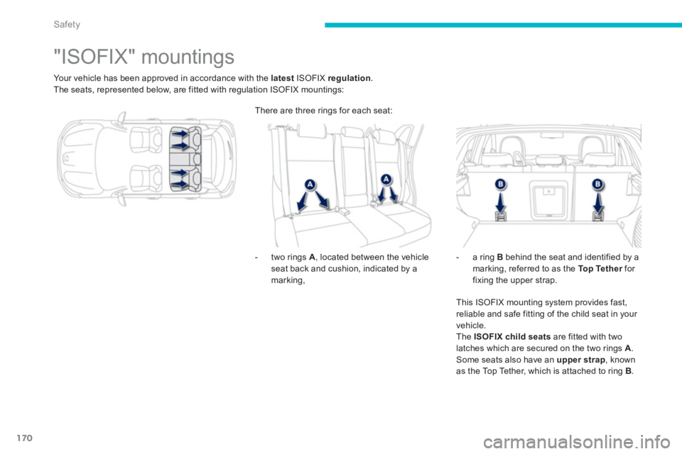 PEUGEOT 4008 2014  Owners Manual 170
Safety
   
 
 
 
 
 
 
 
 
 
 
 
 
 
 
 
 
 
 
 
"ISOFIX" mountings 
 
Your vehicle has been approved in accordance with the  latest 
 ISOFIX  regulation 
. 
  The seats, represented below, are fi
