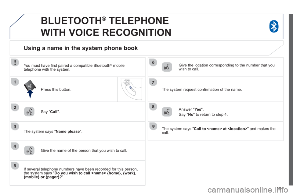 PEUGEOT 4008 2014  Owners Manual 251
   
 
 
 
BLUETOOTH ® 
 TELEPHONE 
WITH VOICE RECOGNITION 
   
Say " Cal 
 
l 
".  
   
The system says " Name please 
".  
 
 
 
 
 
 
 
 
 
 
Using a name in the system phone book 
 
 
Give the