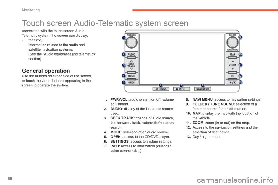 PEUGEOT 4008 2014  Owners Manual 58
Monitoring
   
 
 
 
 
 
 
 
 
 
 
Touch screen Audio-Telematic system screen 
 
 
General operation  
Use the buttons on either side of the screen, 
or touch the virtual buttons appearing in the 
