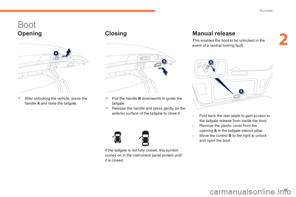 PEUGEOT 4008 2014  Owners Manual 73
2
Access
   
 
 
 
 
 
 
 
 
 
 
Boot 
 
 
Opening 
 
 
 
�) 
  After unlocking the vehicle, press the 
handle  A 
 and raise the tailgate.  
    
 
�) 
  Pull the handle  B 
 downwards to guide th