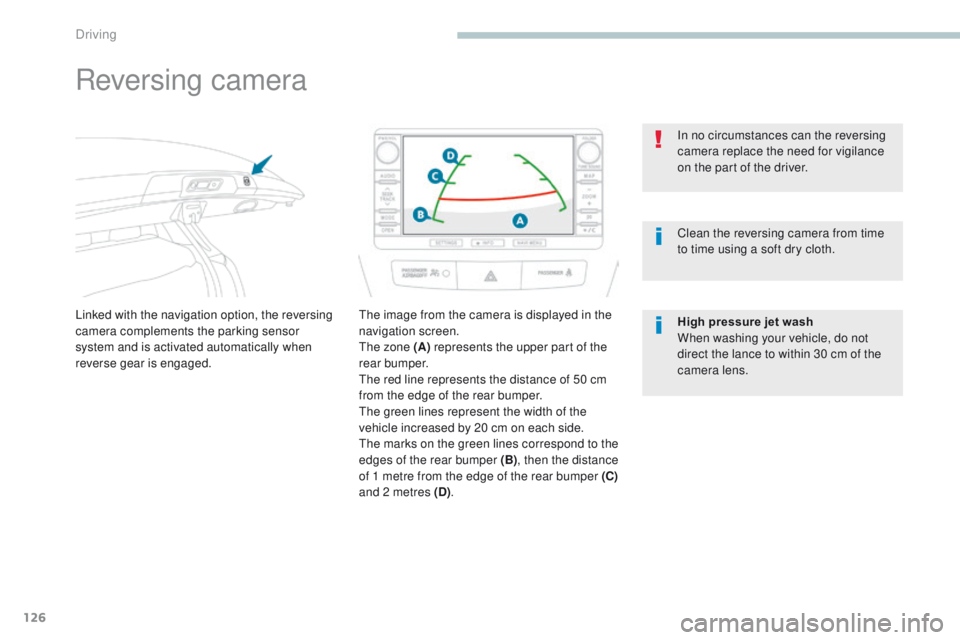 PEUGEOT 4008 2017  Owners Manual 126
4008_en_Chap04_conduite_ed01-2016
Reversing camera
Linked with the navigation option, the reversing 
camera complements the parking sensor 
system and is activated automatically when 
reverse gear
