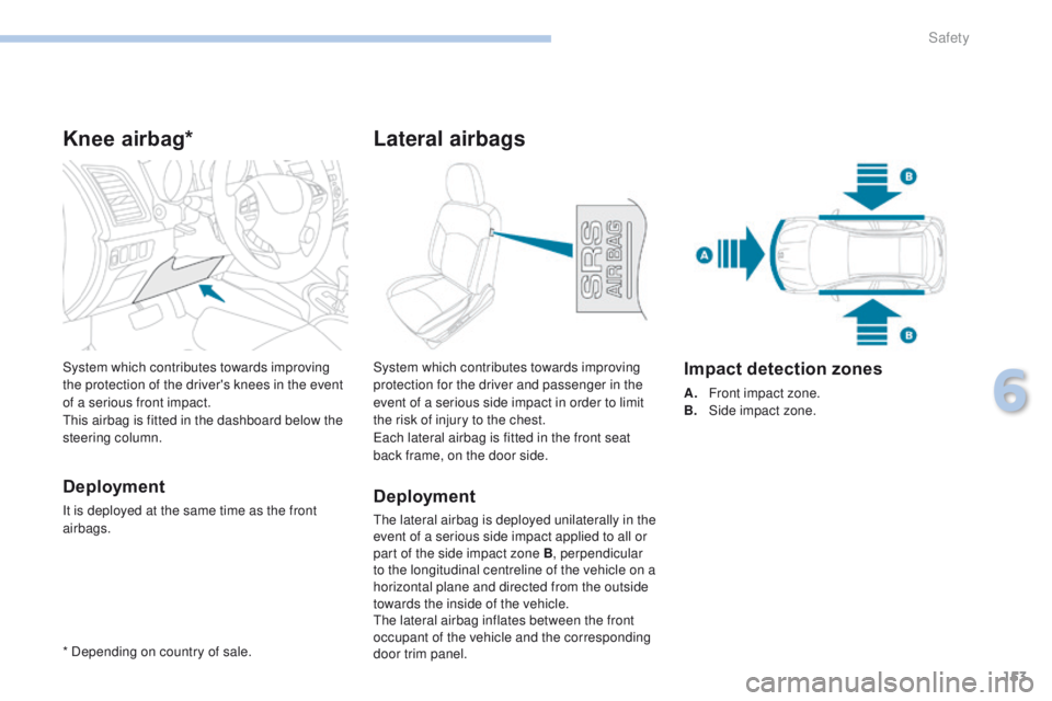 PEUGEOT 4008 2017  Owners Manual 153
4008_en_Chap06_securite_ed01-2016
Knee airbag*
Deployment
It is deployed at the same time as the front 
airbags. System which contributes towards improving 
the protection of the driver's knee