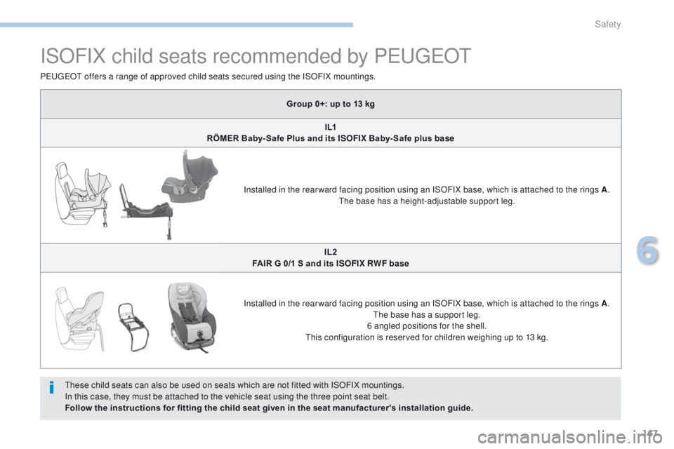 PEUGEOT 4008 2017  Owners Manual 167
4008_en_Chap06_securite_ed01-2016
ISOFIX child seats recommended by PeugeOt
these child seats can also be used on seats which are not fitted with ISOFIX mountings.
In this case, they must be attac