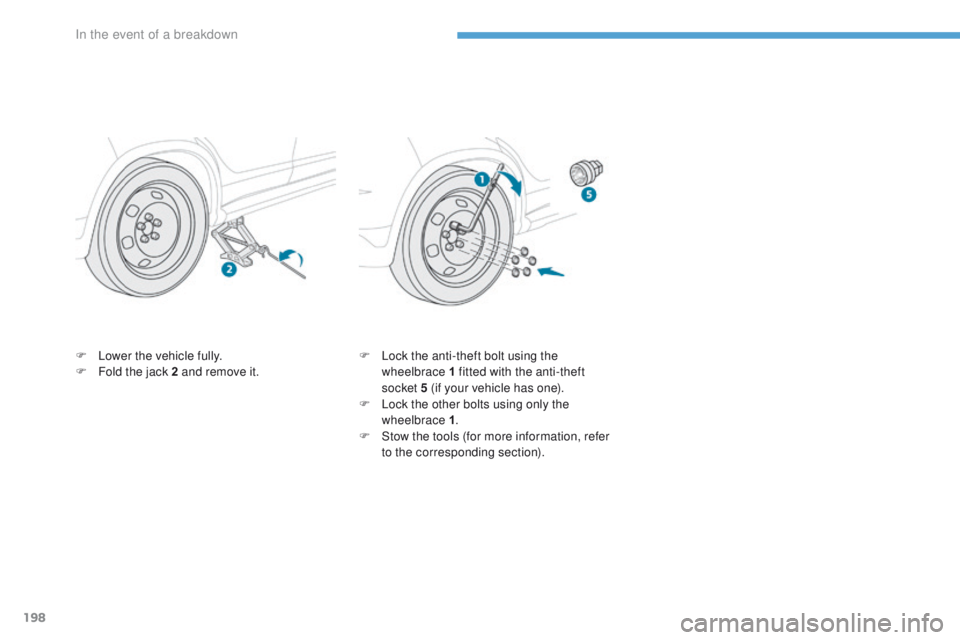 PEUGEOT 4008 2017  Owners Manual 198
4008_en_Chap08_en-cas-de panne_ed01-2016
F Lower the vehicle fully.
F
 F old the jack 2 and remove it. F
 L ock the anti-theft bolt using the 
wheelbrace 1 fitted with the anti-theft 
socket 5 (if