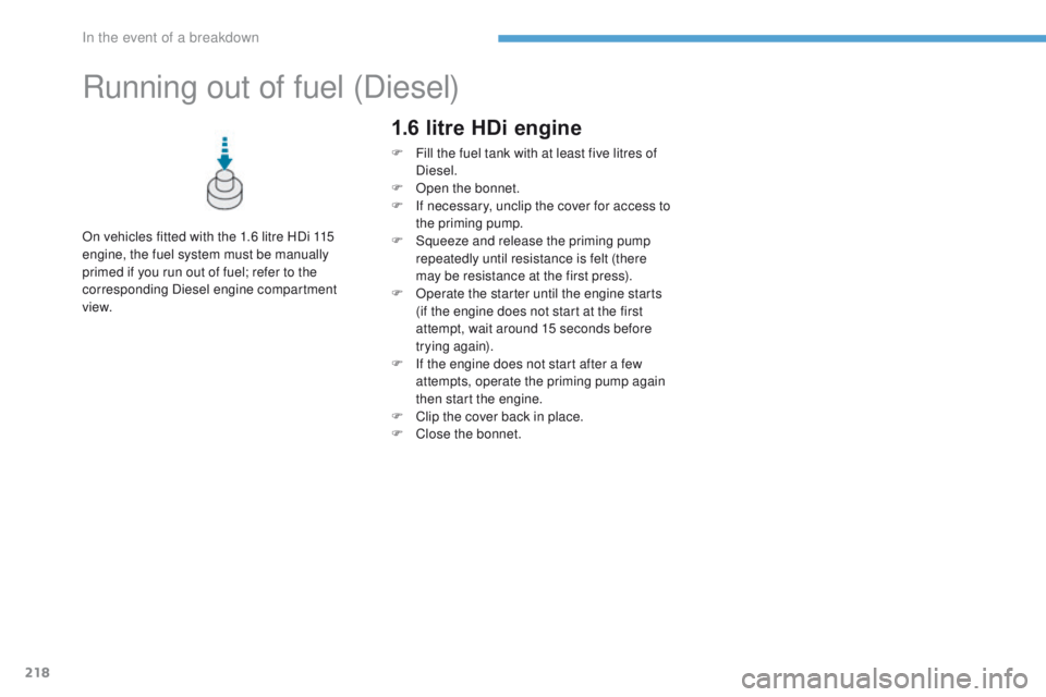 PEUGEOT 4008 2017  Owners Manual 218
4008_en_Chap08_en-cas-de panne_ed01-2016
Running out of fuel (Diesel)
On vehicles fitted with the 1.6 litre HDi 115 
engine, the fuel system must be manually 
primed if you run out of fuel; refer 