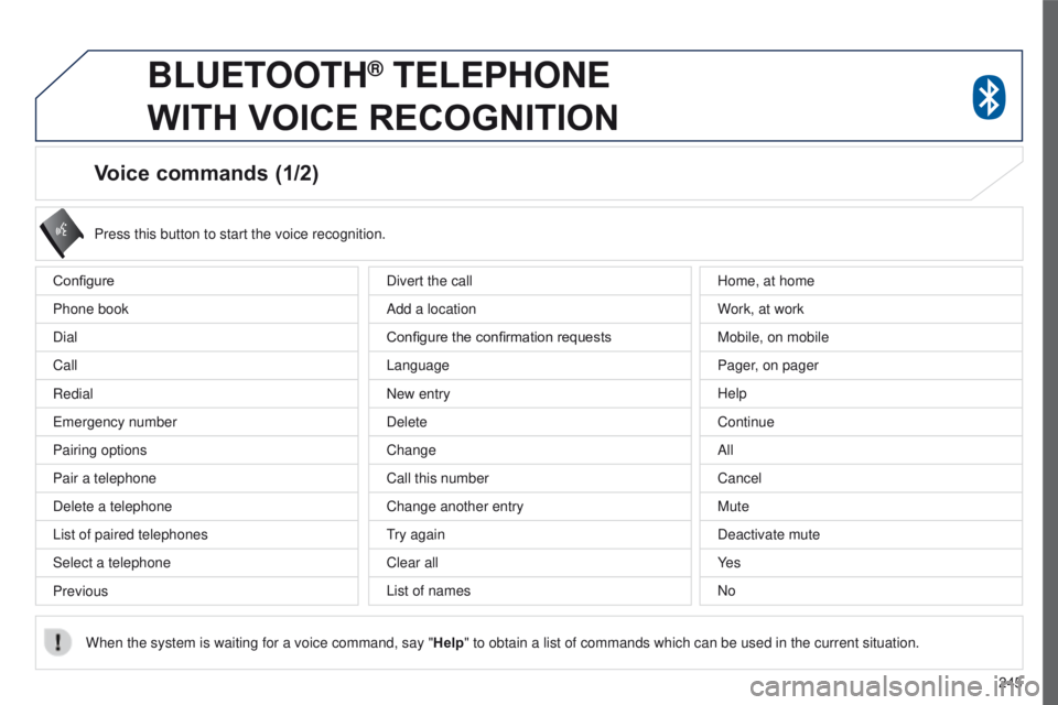 PEUGEOT 4008 2017  Owners Manual 245
4008_en_Chap10a_Mitsu3_ed01-2016
Voice commands (1/2)
Configure
Phone book
Dial
Call
Redial
e
mergency number
Pairing options
Pair a telephone
Delete a telephone
List of paired telephones
Select a