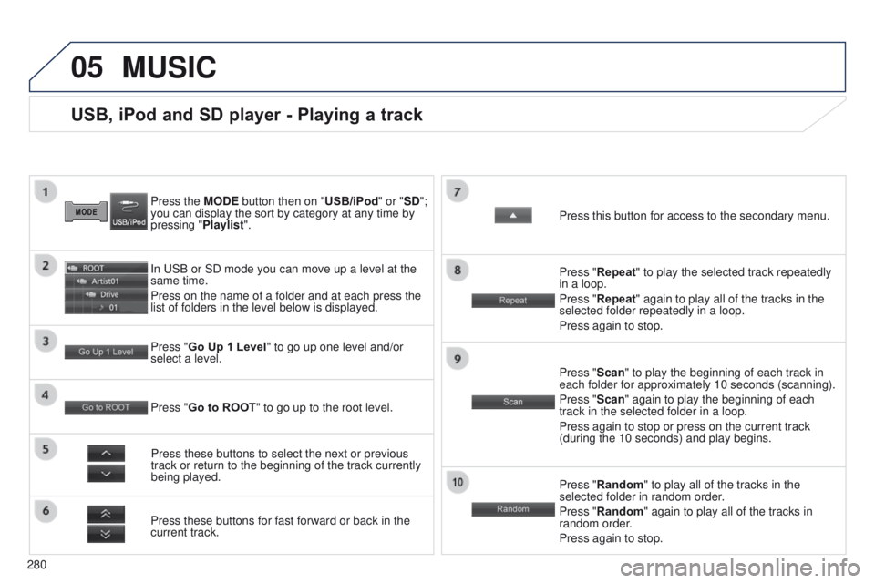 PEUGEOT 4008 2017  Owners Manual 05
280
4008_EN_CHAP10B_MITSU6_ED01-2016
USB, iPod and SD player - Playing a track
Press the MODE button then on "USB/iPod" or "SD"; 
you can display the sort by category at any time by