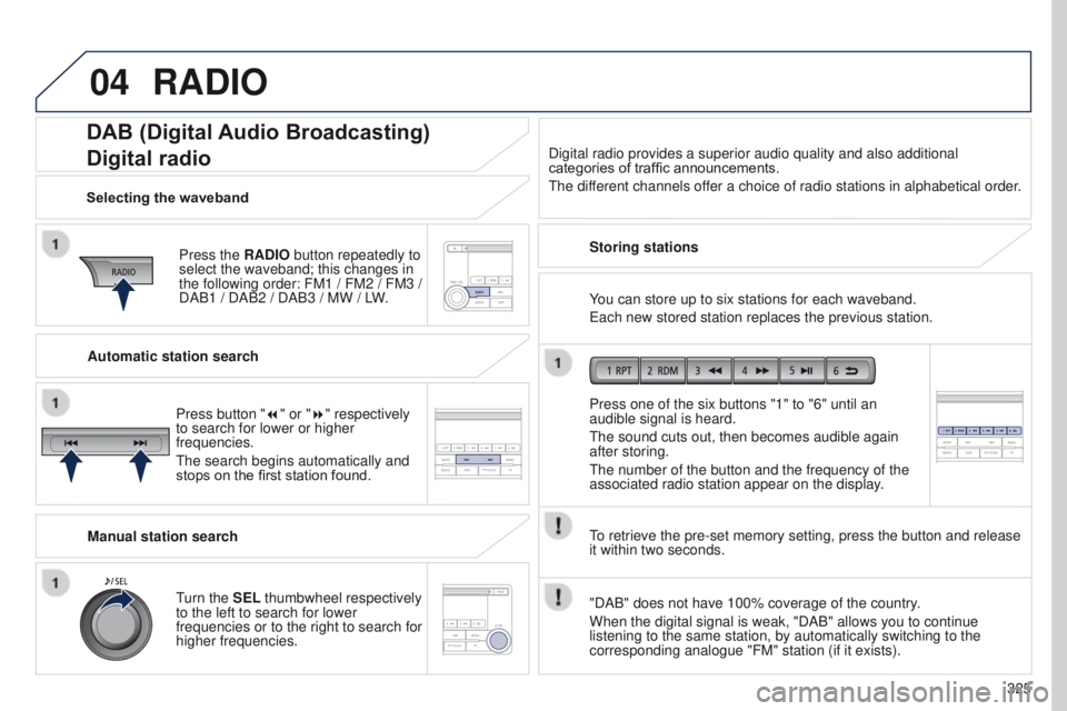 PEUGEOT 4008 2017  Owners Manual 04
325
4008_en_Chap10d_Mitsu4_ed01-2016
DAB (Digital Audio Broadcasting)
Digital radio
Press the RADIO button repeatedly to 
select the waveband; this changes in 
the following order: FM1 / FM2 / FM3 