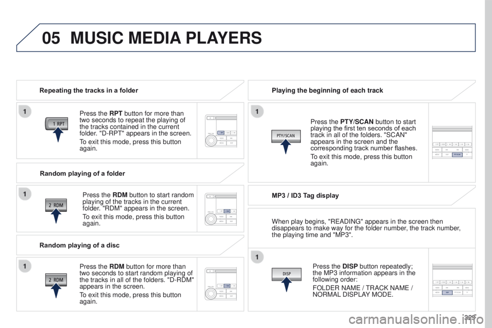 PEUGEOT 4008 2017  Owners Manual 05
329
4008_en_Chap10d_Mitsu4_ed01-2016
MUSIC MEDIA PLAYERS
Repeating the tracks in a folder
Press the RPT button for more than 
two seconds to repeat the playing of 
the tracks contained in the curre
