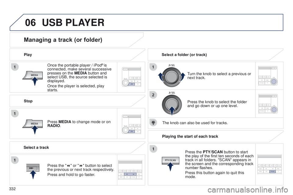 PEUGEOT 4008 2017  Owners Manual 06
332
4008_en_Chap10d_Mitsu4_ed01-2016
Once the portable player / iPod® is 
connected, make several successive 
presses on the MEDIA button and 
select 
u
SB, the source selected is 
displayed.
Once