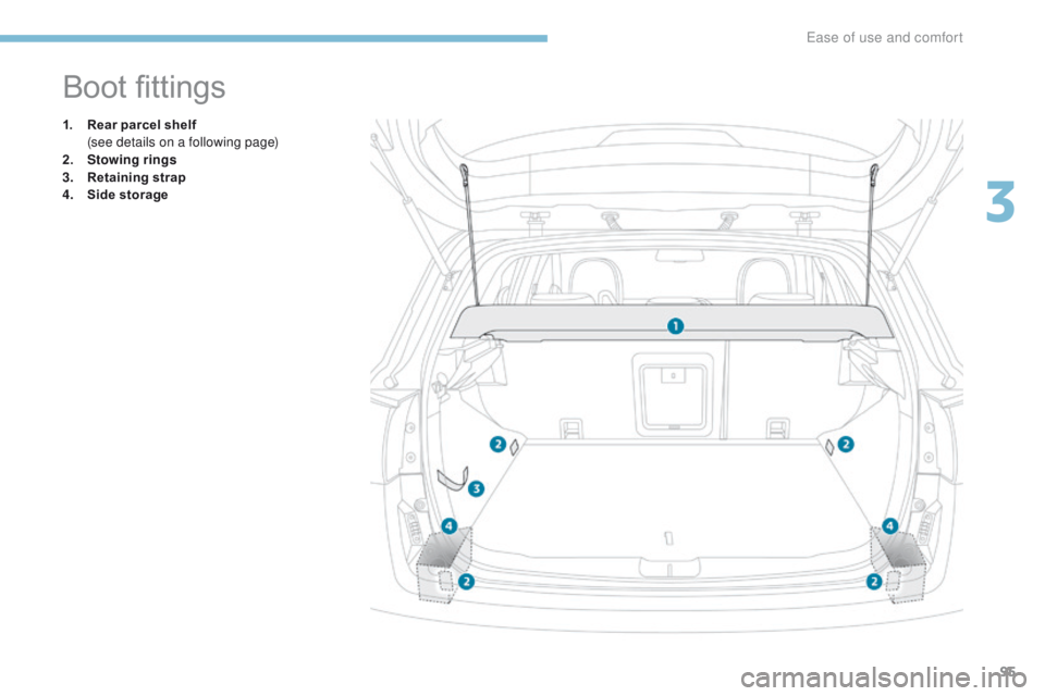 PEUGEOT 4008 2017  Owners Manual 95
4008_en_Chap03_Ergonomie-et-confort_ed01-2016
Boot fittings
1. Rear parcel shelf  (see details on a following page)
2.
 S

towing  rings
3.
 R

etaining strap
4.
 S

ide storage 
3 
ease of use and