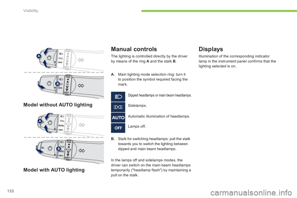 PEUGEOT 4008 2012  Owners Manual 132
Visibility
Model without AUTO lighting
Model with AUTO lighting
   
Manual controls
 The lighting is controlled directly by the driver by means of the ring  A 
 and the stalk B 
. 
Lamps off.  
Au