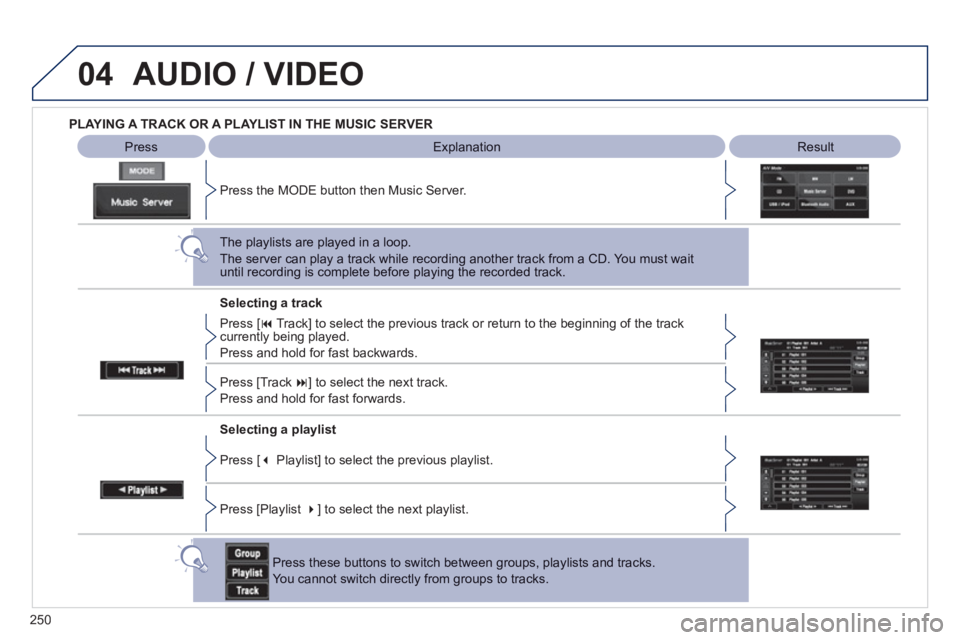 PEUGEOT 4008 2012  Owners Manual 250
04AUDIO / VIDEO
PLAYING A TRACK OR A PLAYLIST IN THE MUSIC SERVER  
 
 Explanation 
 Result   
 Press
Press the MODE button then Music Server.
The playlists are played in a loop.
The server can pl