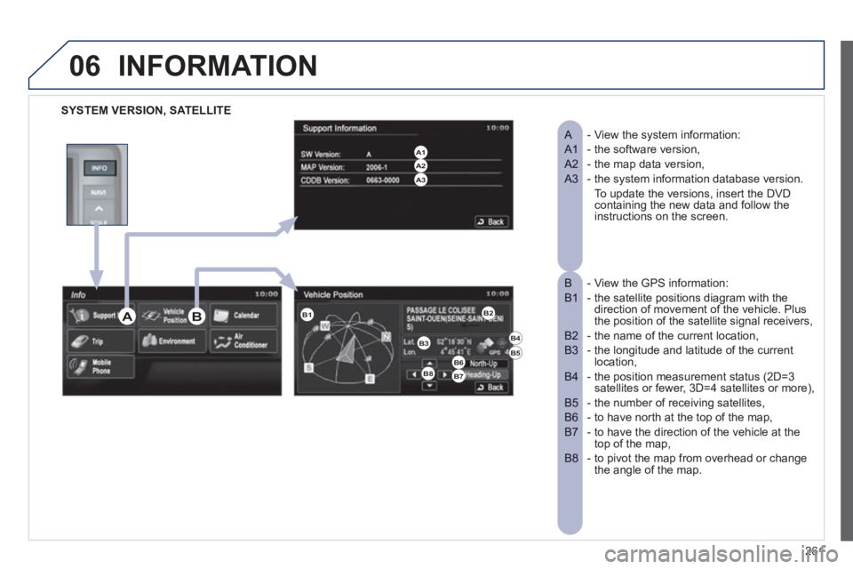 PEUGEOT 4008 2012  Owners Manual 261
06INFORMATION 
SYSTEM VERSION, SATELLITE
- View the system information:    
A  
- the software version,   A1  
- the map data version,   A2  
- the system information database version.  A3  
   
T