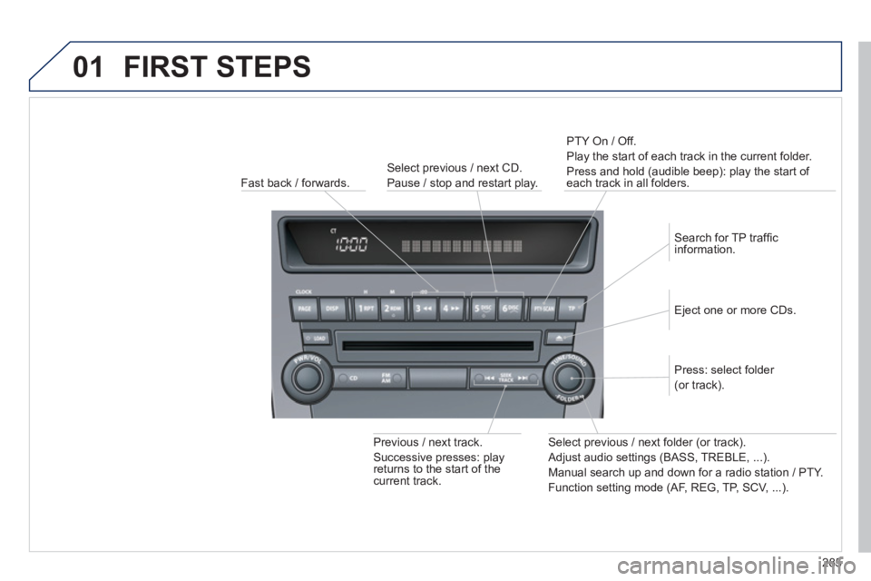 PEUGEOT 4008 2012  Owners Manual 285
01  FIRST STEPS
 
 
Fast back / forwards. PTY 
On / Off.
Pla
y the start of each track in the current folder.
Press and hold 
(audible beep): play the start of each track in all folders.
  Pr
evio