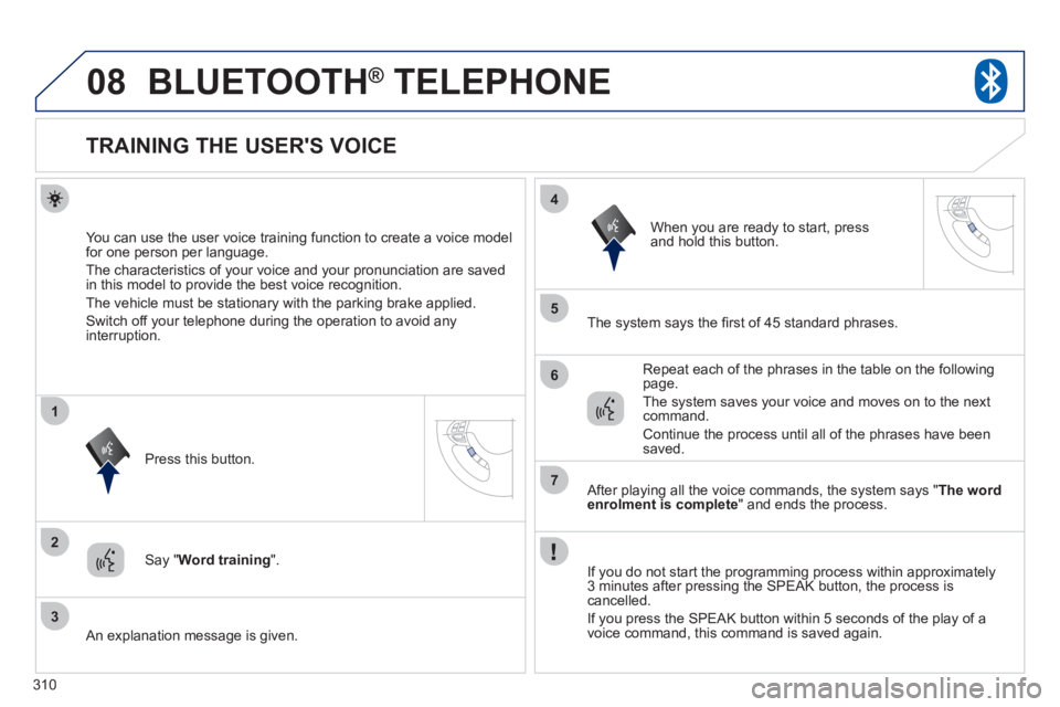 PEUGEOT 4008 2012 Owners Manual 310
08
2
3
1
4
5
6
7
BLUETOOTH® TELEPHONE®
TRAINING THE USERS VOICE
You can use the user voice training function to create a voice model
for one person per PEUGEOT 4008 2012 Owners Manual 310
08
2
3
1
4
5
6
7
BLUETOOTH® TELEPHONE®
TRAINING THE USERS VOICE
You can use the user voice training function to create a voice model
for one person per