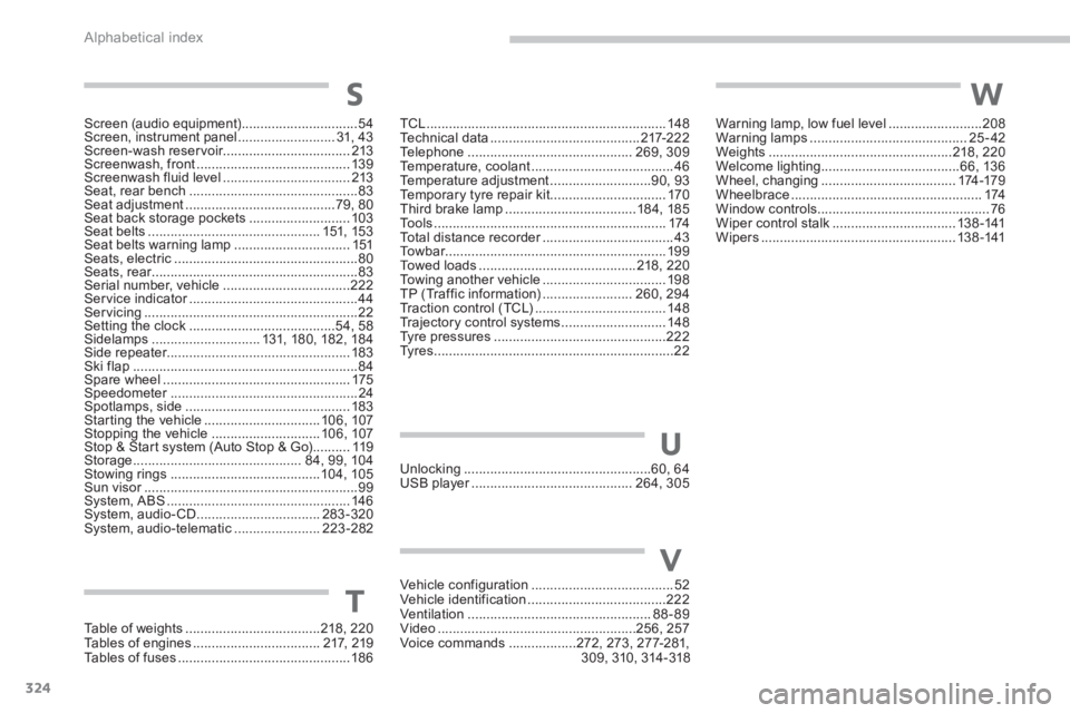 PEUGEOT 4008 2012  Owners Manual 324Alphabetical index
Screen (audio equipment)...............................54Screen, instrument panel..........................31,43Screen-wash reservoir..................................213Screenwa