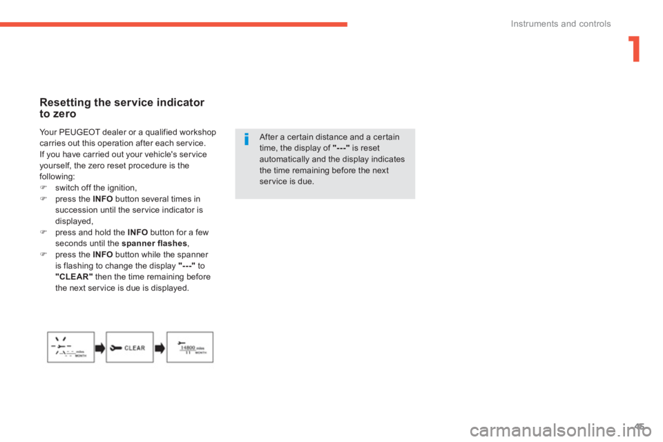 PEUGEOT 4008 2012  Owners Manual 1
45
Instruments and controls
   
Resetting the service indicator to zero 
 
 
After a certain distance and a certain time, the display of "---" 
 is reset automatically and the display indicatesthe t