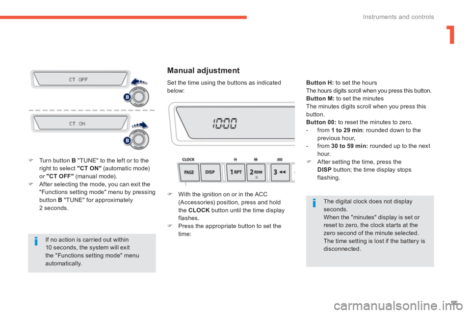 PEUGEOT 4008 2012  Owners Manual 1
55
Instruments and controls
  If no action is carried out within 10 seconds, the system will exit the "Functions setting mode" menuautomatically.
�)Turn button B 
 "TUNE" to the left or to theright 