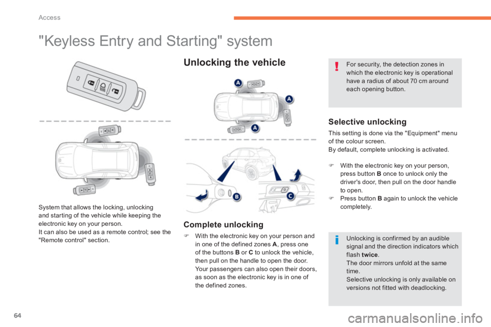 PEUGEOT 4008 2012  Owners Manual 64
Access
   
 
 
 
 
 
 
 
 
 
 
 
 
 
 
 
 
 
 
 
 
 
 
"Keyless Entry and Starting" system 
 
 
Selective unlocking
 This setting is done via the "Equipment" menuof the colour screen. 
  By default