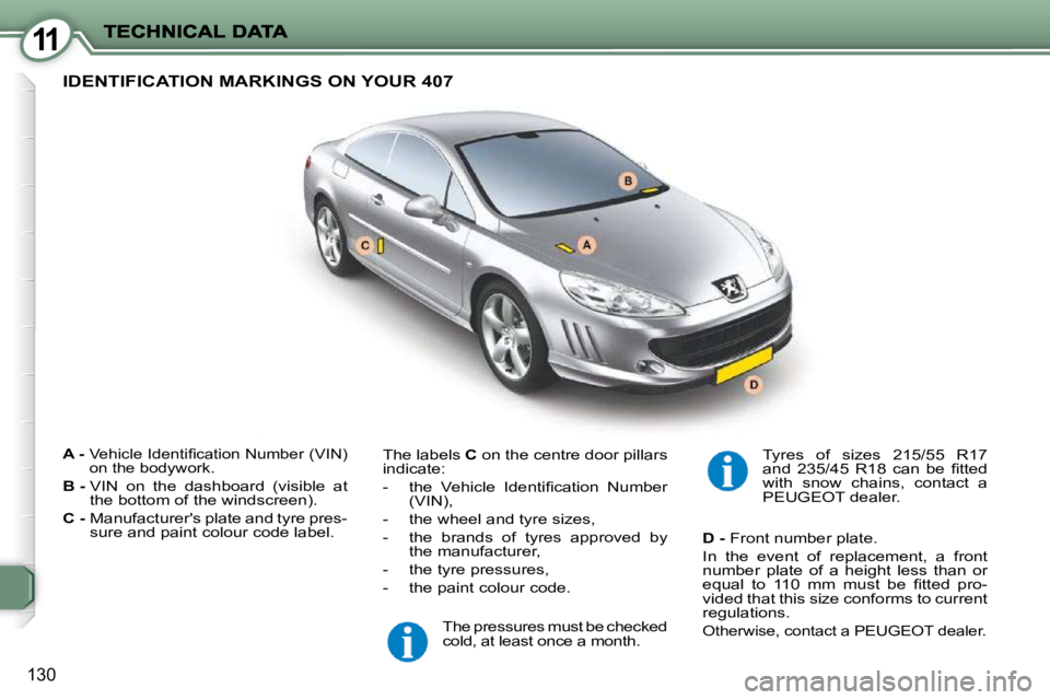 PEUGEOT 407 C 2010  Owners Manual 11
�1�3�0
  
A -    �V�e�h�i�c�l�e� �I�d�e�n�t�i�ﬁ� �c�a�t�i�o�n� �N�u�m�b�e�r� �(�V�I�N�)�  
�o�n� �t�h�e� �b�o�d�y�w�o�r�k�.� 
  
B - � � � �V�I�N�  �o�n�  �t�h�e�  �d�a�s�h�b�o�a�r�d�  �(�v�i�s�i