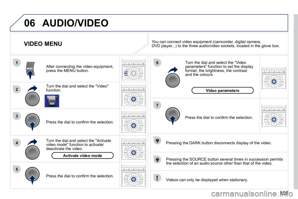 PEUGEOT 407 C 2010  Owners Manual 159
06
2
4
3
7
5
6
AUDIO/VIDEO
             VIDEO MENU 
� � �T�u�r�n� �t�h�e� �d�i�a�l� �a�n�d� �s�e�l�e�c�t� �t�h�e� �"�V�i�d�e�o�"� function.  
� � �A�f�t�e�r� �c�o�n�n�e�c�t�i�n�g� �t�h�e� 