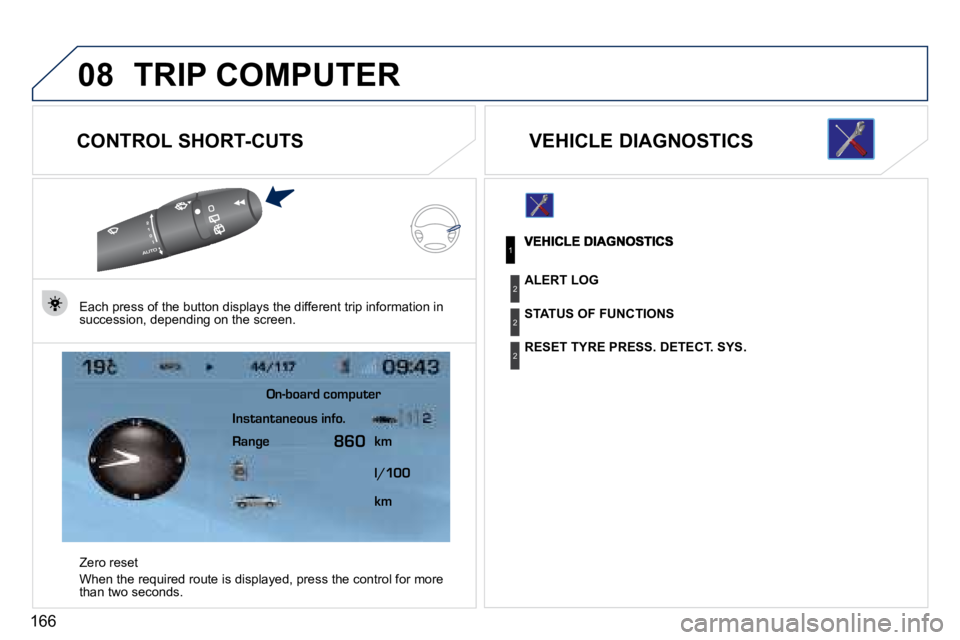 PEUGEOT 407 C 2010  Owners Manual 166
08TRIP COMPUTER
  CONTROL SHORT-CUTS 
� � �E�a�c�h� �p�r�e�s�s� �o�f� �t�h�e� �b�u�t�t�o�n� �d�i�s�p�l�a�y�s� �t�h�e� �d�i�f�f�e�r�e�n�t� �t�r�i�p� �i�n�f�o�r�m�a�t�i�o�n� �i�n� �s�u�c�c�e�s�s�i�o